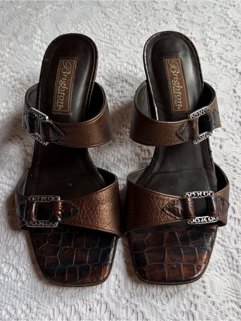 Vintage Y2K Brighton Leather Buckle Kitten Heel Mules Brown “Tokyo” Style Size 6